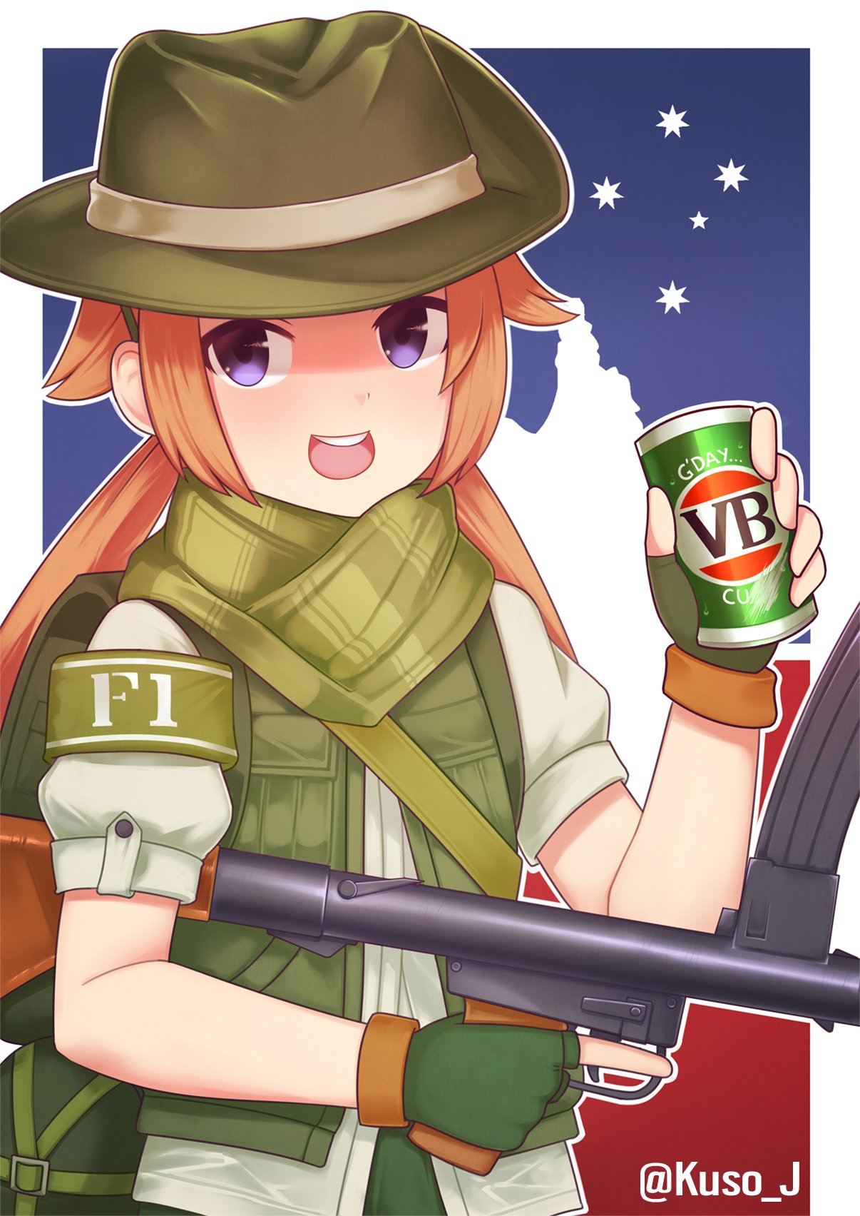 1girl, artist_name, australia, blush, brown_hair, f1_(girls_frontline), fingerless_gloves, girls_frontline