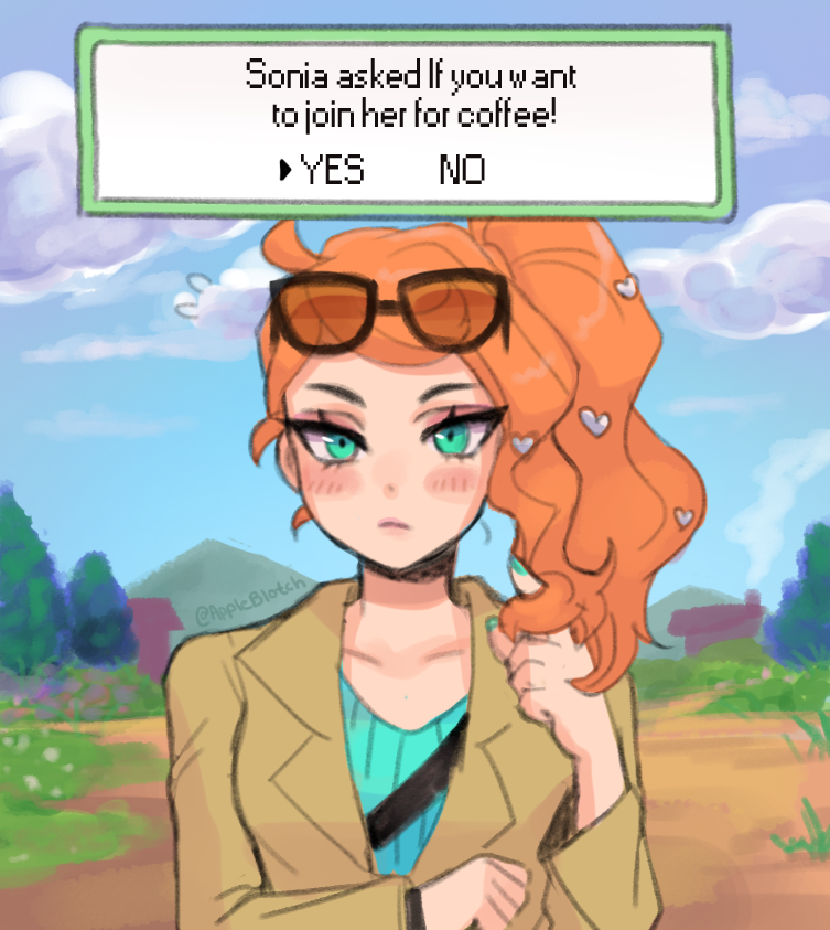 1girl, appleblotch, aqua_eyes, blush, breasts, clouds, coat, commentary, day, english_commentary, english_text, eyewear_on_head, hair_ornament, hair_twirling, heart, heart_hair_ornament, long_hair, long_sleeves, looking_at_viewer, nail_polish, orange_hair, outdoors, playing_with_own_hair, pokemon, pokemon_(game), pokemon_swsh, side_ponytail, sketch, sky, solo, sonia_(pokemon), sunglasses, trench_coat