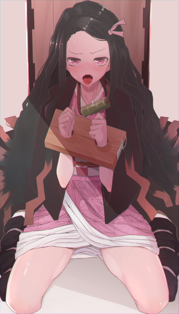 1girl, bamboo, bit_gag, black_hair, bound, bound_wrists, commentary_request, gag