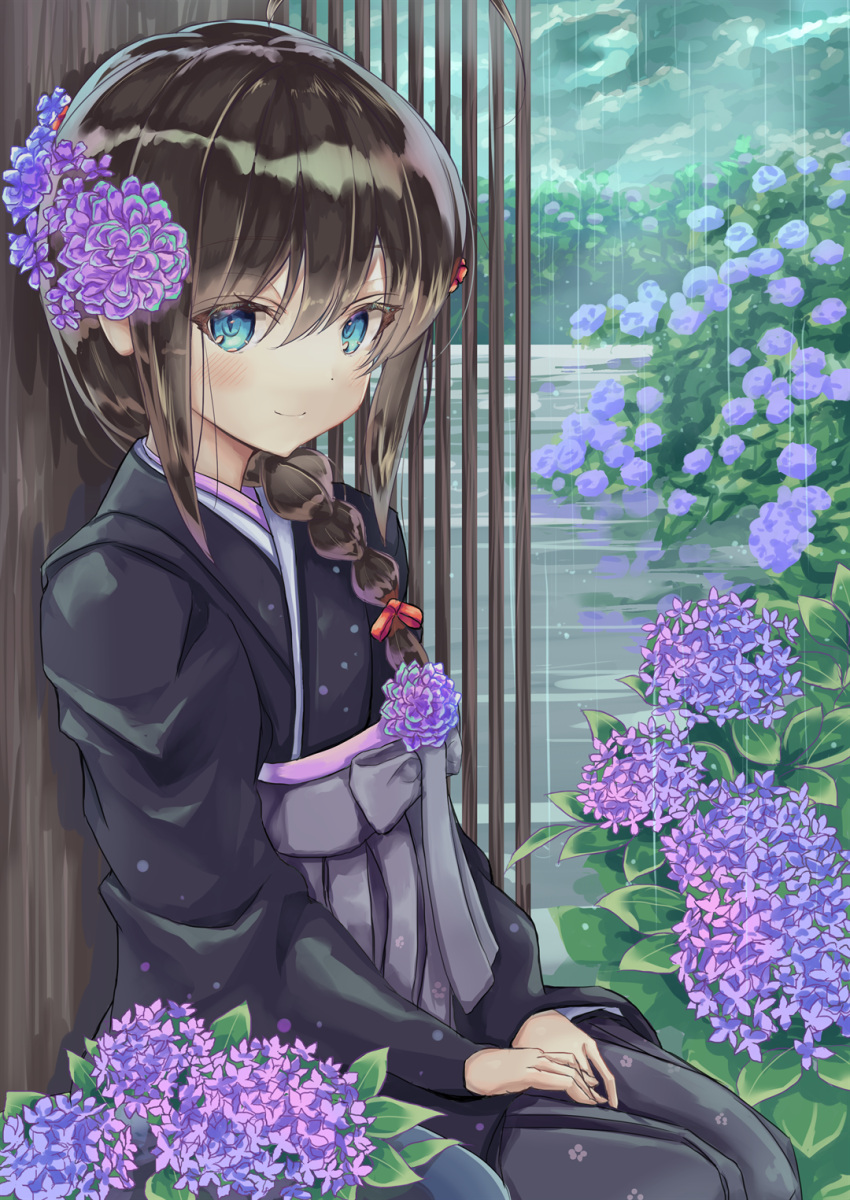 black_hair, blue_eyes, braid, flower, hair_flower, hair_ornament, highres, hydrangea