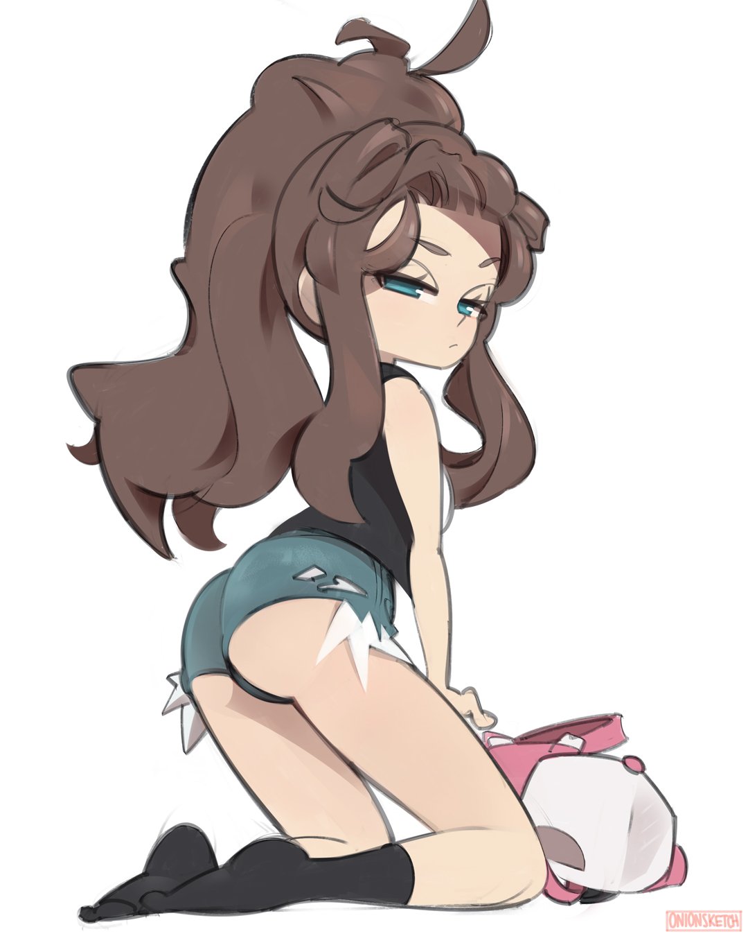 1girl, ass, bare_shoulders, baseball_cap, black_legwear, black_vest, blue_eyes, cutoffs, denim, denim_shorts, exposed_pocket, hat, high_ponytail, highres, long_hair, looking_at_viewer, onionsketch, pokemon, pokemon_(game), pokemon_bw, shirt, short_shorts, shorts, sidelocks, sleeveless, socks, solo, touko_(pokemon), vest, white_headwear, white_shirt
