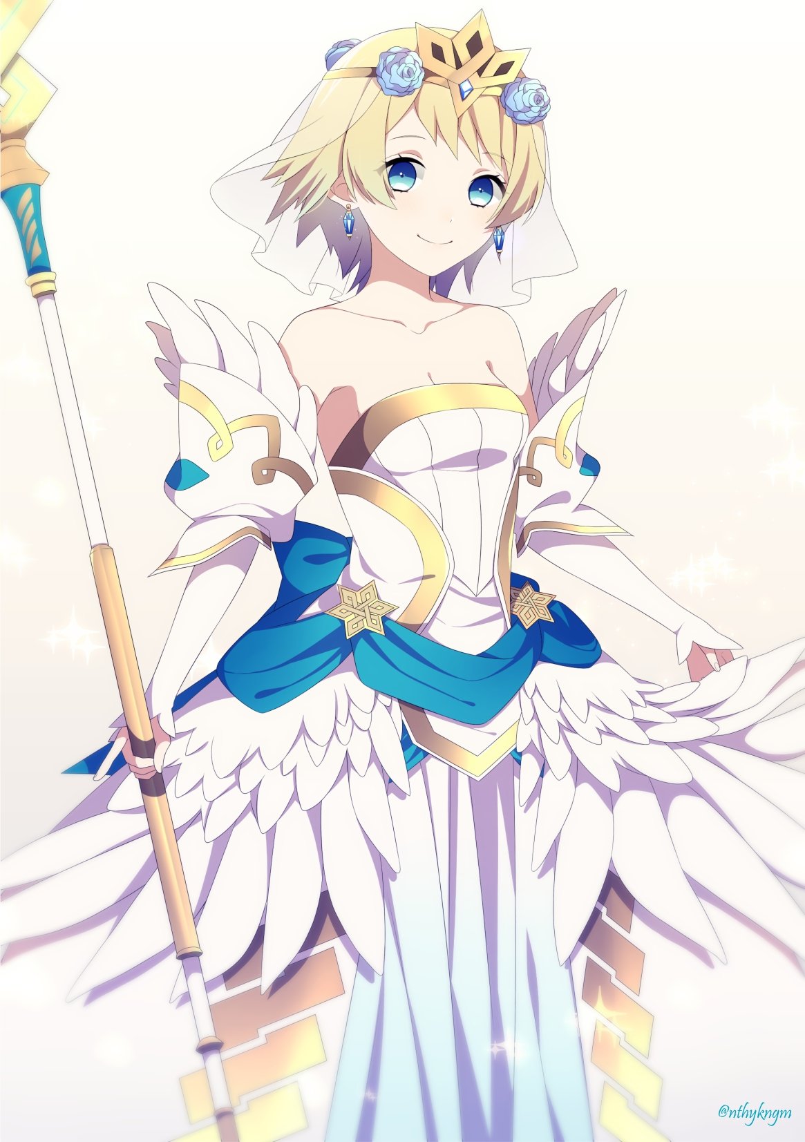 1girl, blonde_hair, blue_eyes, bride, crml_orng, crown, dress, earrings