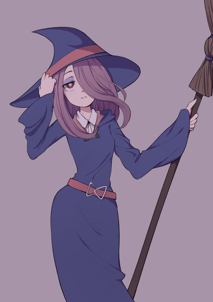 1girl, belt, broom, collar, commentary_request, expressionless, eyeshadow, hair_over_one_eye, half-closed_eyes, hand_on_headwear, hat, holding, holding_broom, lavender_background, lavender_hair, little_witch_academia, long_hair, looking_at_viewer, luna_nova_school_uniform, makeup, passerby_b, red_belt, red_eyes, school_uniform, simple_background, solo, sucy_manbavaran, white_collar, wide_sleeves, witch, witch_hat