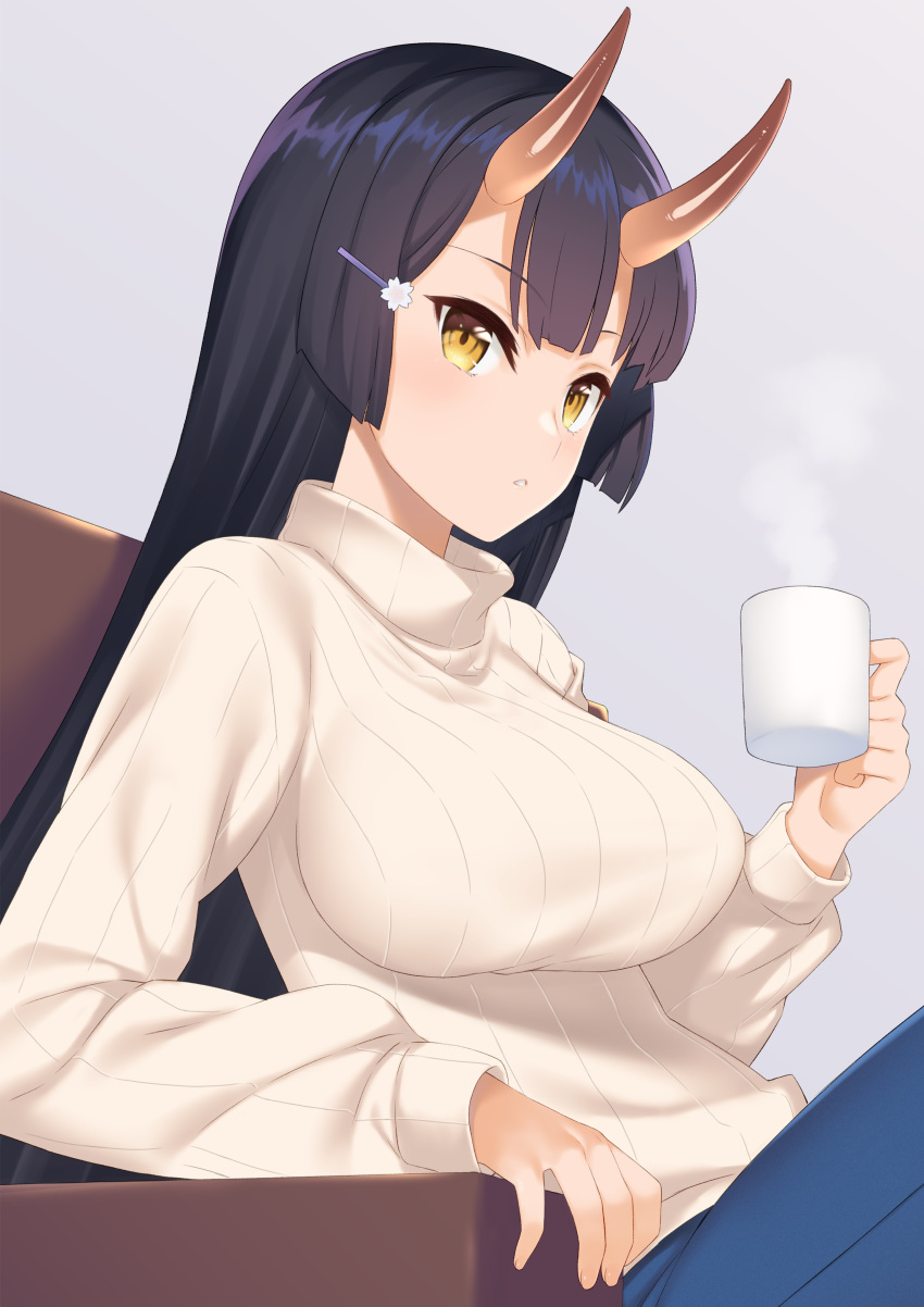 1girl, :o, absurdres, black_hair, breasts, brown_eyes, chair, coffee_mug