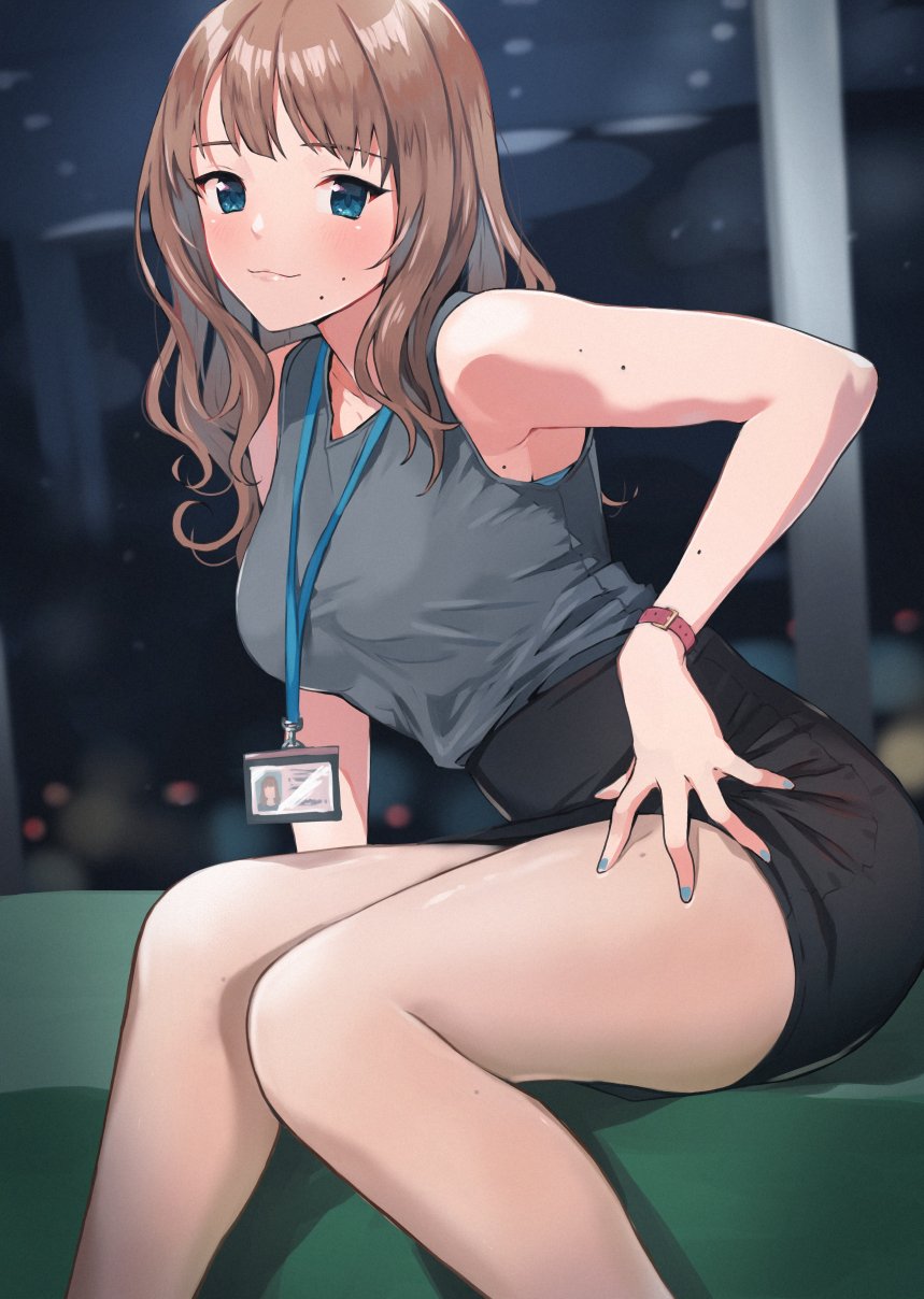 1girl, arm_support, blue_eyes, blush, breasts, brown_hair, closed_mouth, collarbone