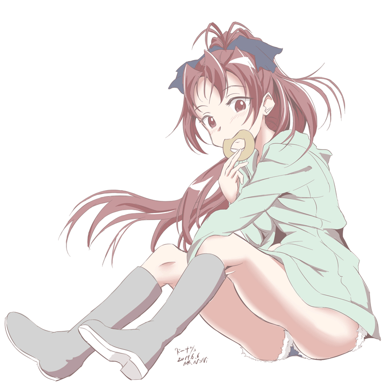 1girl, black_ribbon, blush, cutoff_jeans, cutoffs, dated, doughnut, elbow_on_knee