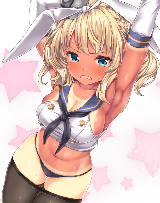 1girl, armpits, arms_up, bangs, black_legwear, black_neckwear, black_panties, blonde_hair, blue_eyes, blush, braid, breasts, capelet, colorado_(kantai_collection), commentary_request, cosplay, cowboy_shot, crop_top, crying, crying_with_eyes_open, elbow_gloves, eyebrows_visible_through_hair, french_braid, gloves, hair_ribbon, hairband, kantai_collection, large_breasts, looking_at_viewer, navel, neckerchief, necktie, nijimoto_hirok, open_mouth, panties, pantyhose, pantyhose_pull, ribbon, sailor_collar, school_uniform, serafuku, shimakaze_(kantai_collection), shimakaze_(kantai_collection)_(cosplay), short_hair, sidelocks, skindentation, solo, star, sweat, tan, tanline, tears, underwear, white_gloves, white_ribbon