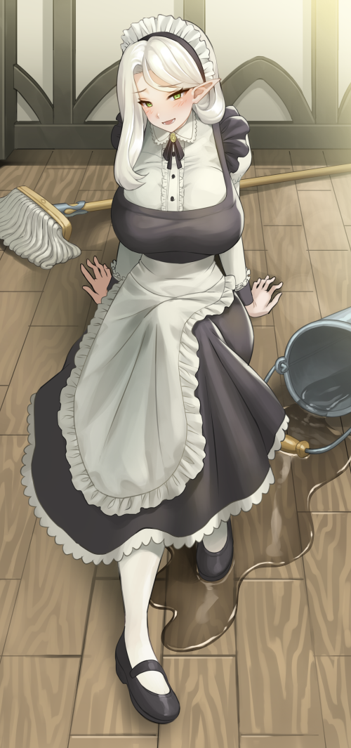 1girl, :d, apron, blush, breasts, bucket, center_frills, elf