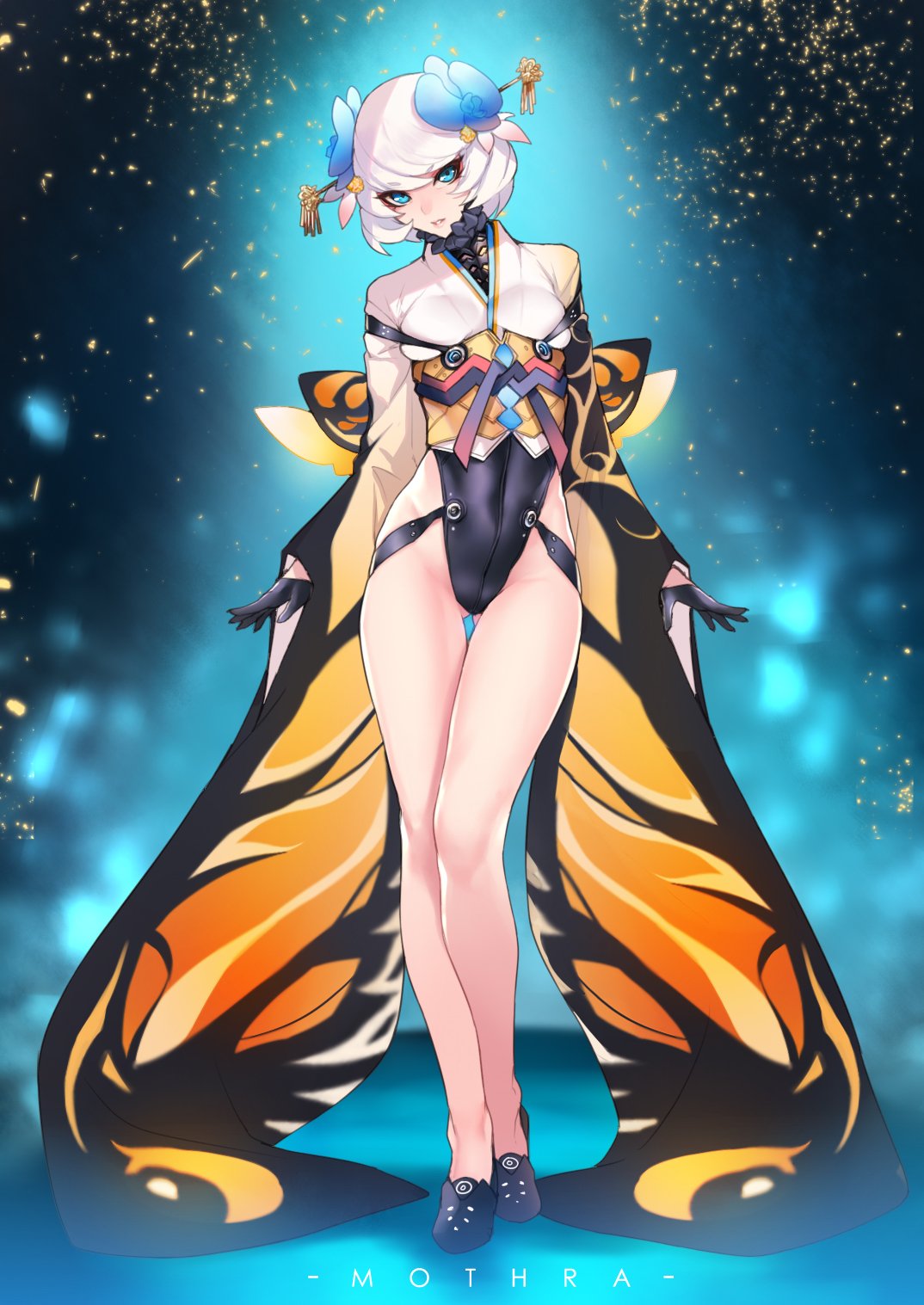 1girl, ass_visible_through_thighs, ban, black_gloves, black_leotard, blue_eyes, breasts, covered_navel