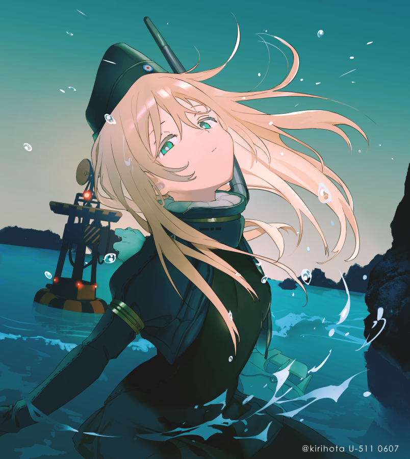 1girl, bangs, blue_eyes, blue_sky, closed_mouth, commentary, cropped_jacket, english_commentary, eyebrows_visible_through_hair, garrison_cap, hair_between_eyes, hat, headgear, horizon, kantai_collection, kirihota, long_hair, long_sleeves, looking_at_viewer, military, military_uniform, ocean, outdoors, pale_skin, pantyhose, partially_submerged, puffy_long_sleeves, puffy_sleeves, sky, solo, splashing, swimsuit, swimsuit_under_clothes, thigh-highs, twitter_username, u-511_(kantai_collection), uniform, water, water_drop, white_hair