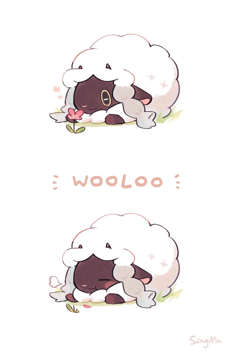 animal_ears, black_eyes, blush, closed_eyes, closed_mouth, commentary, dark_skin, flower, full_body, gen_8_pokemon, happy, highres, horns, no_humans, pokemon, pokemon_(creature), pokemon_(game), sheep, sheep_ears, simple_background, smile, solo, standing, wooloo, xingmu, yellow_sclera