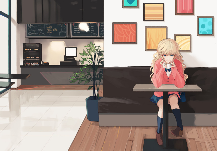 1girl, ahoge, black_legwear, blonde_hair, blue_eyes, blue_skirt, brown_footwear, commentary_request, cup, eyebrows_visible_through_hair, full_body, holding, holding_cup, idolmaster, idolmaster_cinderella_girls, indoors, jacket, long_hair, long_sleeves, looking_at_cup, ootsuki_yui, photo_(object), pink_jacket, plant, sawarakajin, shirt, shop, sitting, skirt, solo, table, tiles, white_shirt