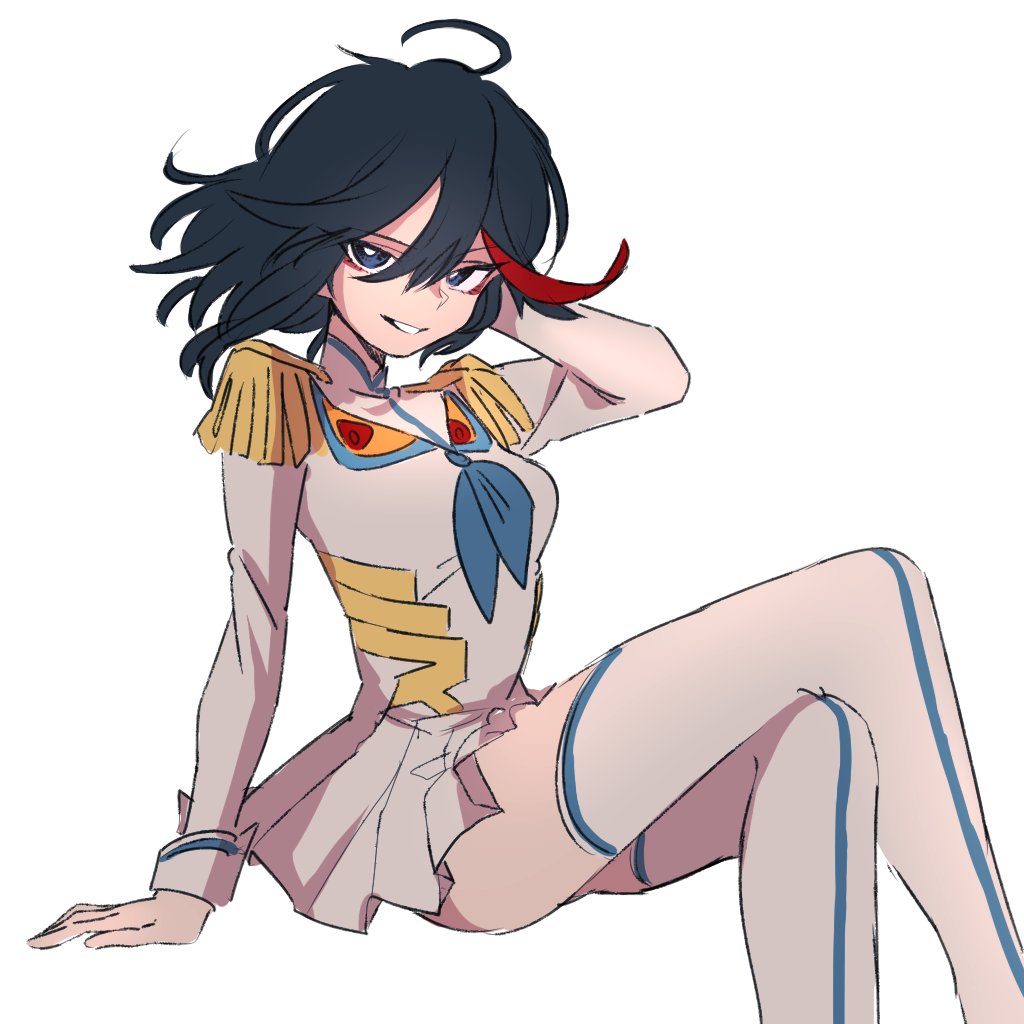 1girl, arm_behind_head, arm_support, bangs, black_hair, blue_eyes, blue_neckwear, commentary