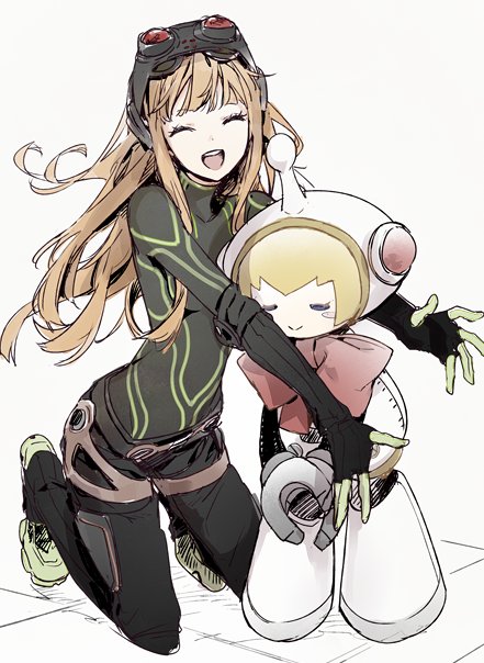 2girls, ^_^, android, atlus, bow, closed_eyes, cute, gamelife506, goggles, goggles_on_head, human, kneeling, long_hair, megami_tensei, orange_hair, persona, persona_5, persona_q2:_new_cinema_labyrinth, persona_q_(series), red_bow, ribbon_(persona_q), robot, sakura_futaba, shoes, smile, sneakers, tile_floor, tiles