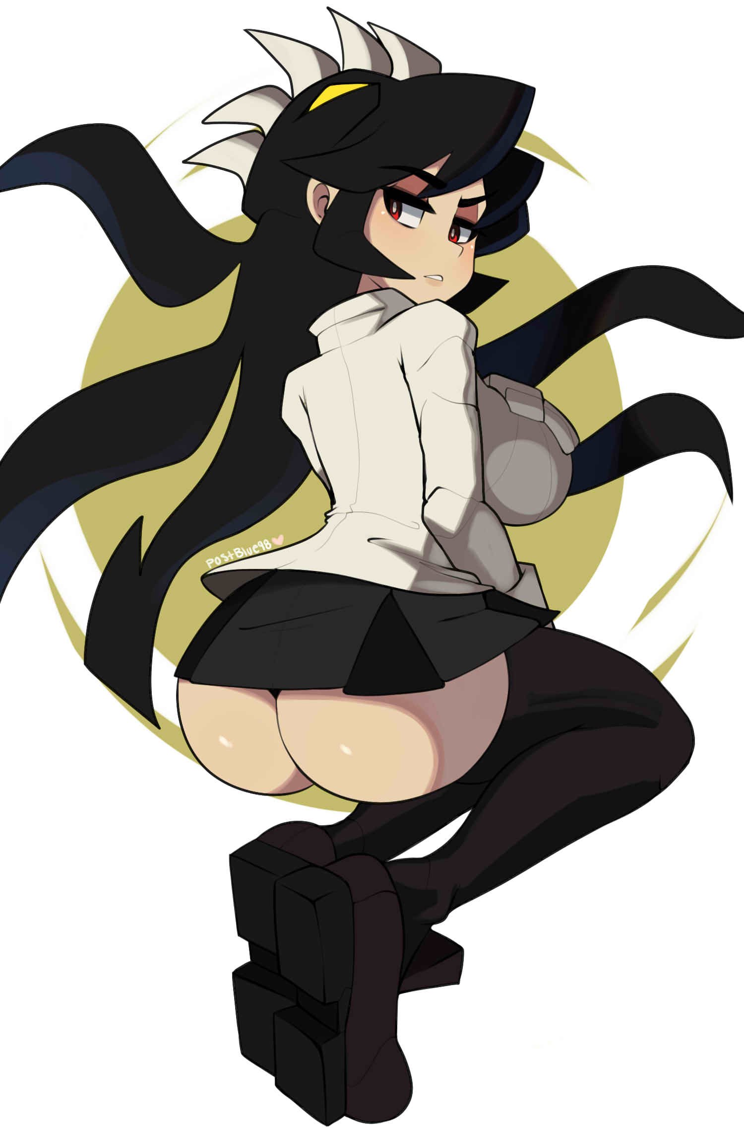 1girl, artist_name, ass, back, black_footwear, black_hair, black_legwear, black_skirt