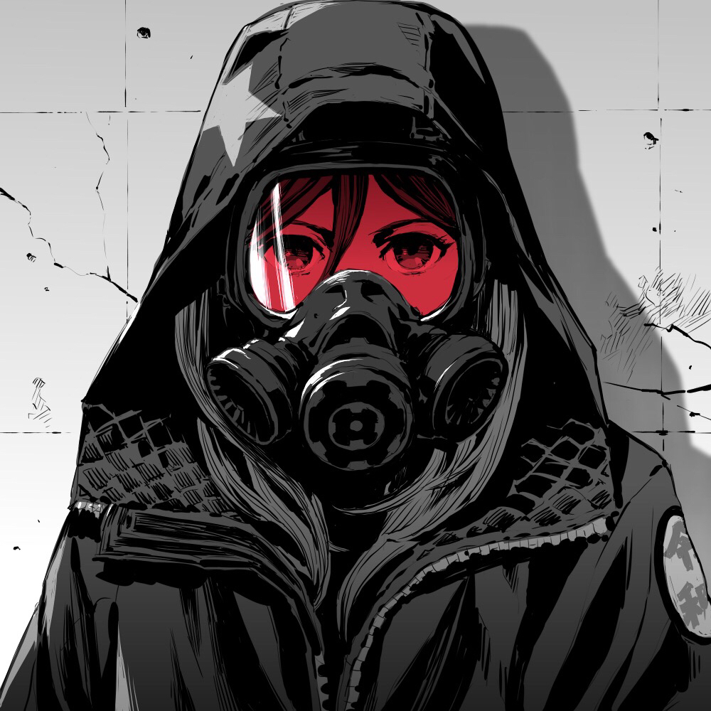 1girl, cracked_wall, gas_mask, hood, hood_up, hooded_jacket, jacket, looking_at_viewer, mask, medium_hair, monochrome, original, padded_coat, solo, spot_color, star, star_print, ume_(yume_uta_da), unzipped, wall