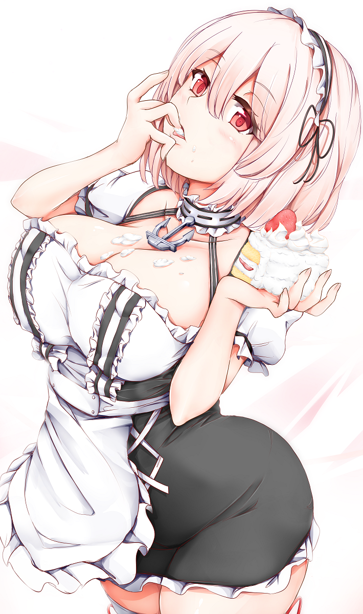 1girl, anchor_choker, anchor_symbol, apron, arched_back, azur_lane, black_dress, breasts