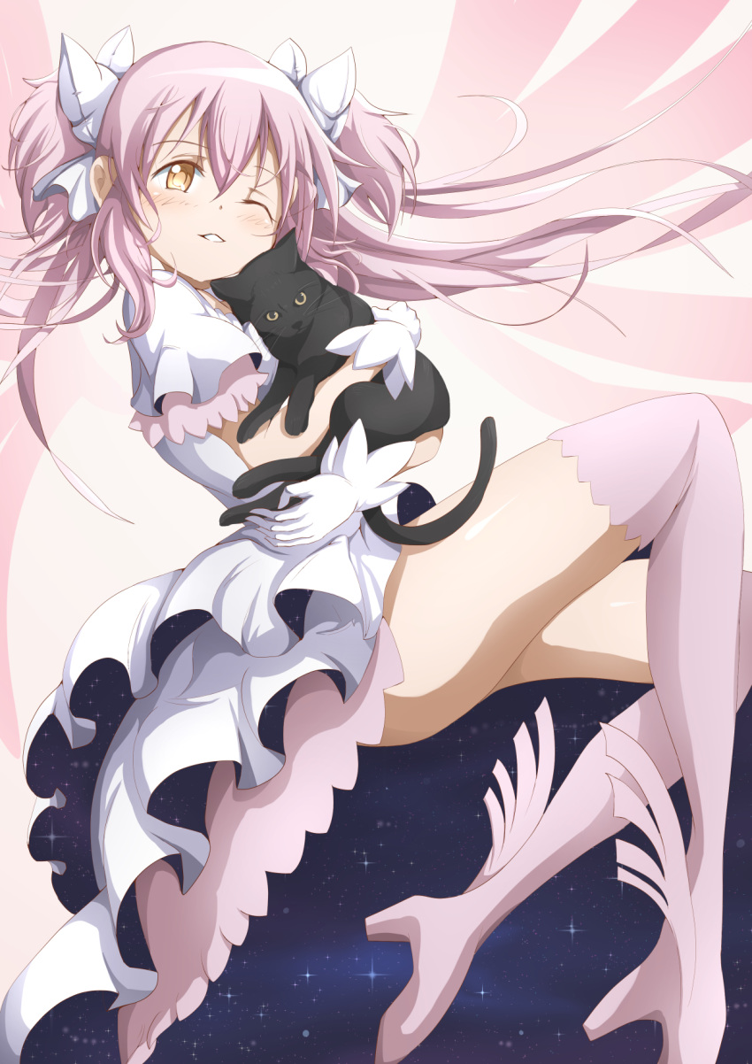 artist_request, black_cat, boots, cat, dress, goddess_madoka, highres, holding