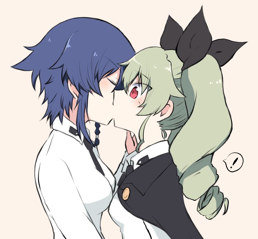 2girls, aimai_(luckyfive), anchovy, anzio_school_uniform, bangs, beige_background, black_cape, black_hair, black_neckwear, black_ribbon, blush, braid, cape, closed_eyes, commentary, dress_shirt, drill_hair, eyebrows_visible_through_hair, girls_und_panzer, green_hair, hair_ribbon, hair_tie, hand_on_another's_face, kiss, long_hair, long_sleeves, looking_at_another, multiple_girls, necktie, pepperoni_(girls_und_panzer), red_eyes, ribbon, school_uniform, shirt, short_hair, side_braid, simx, standing, twin_drills, twintails, white_shirt, yuri
