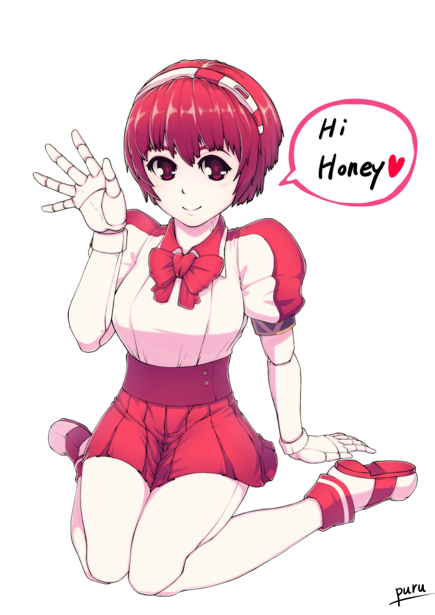 1girl, bangs, bow, dorothy_haze, english_text, hairband, hand_up, highres, looking_at_viewer, pink_bow, pink_eyes, pink_hair, pink_neckwear, pink_skirt, puffy_sleeves, puru_(manatsu), redhead, robot, robot_joints, shoes, short_hair, short_sleeves, sitting, skirt, smile, solo, speech_bubble, va-11_hall-a, wariza, white_background