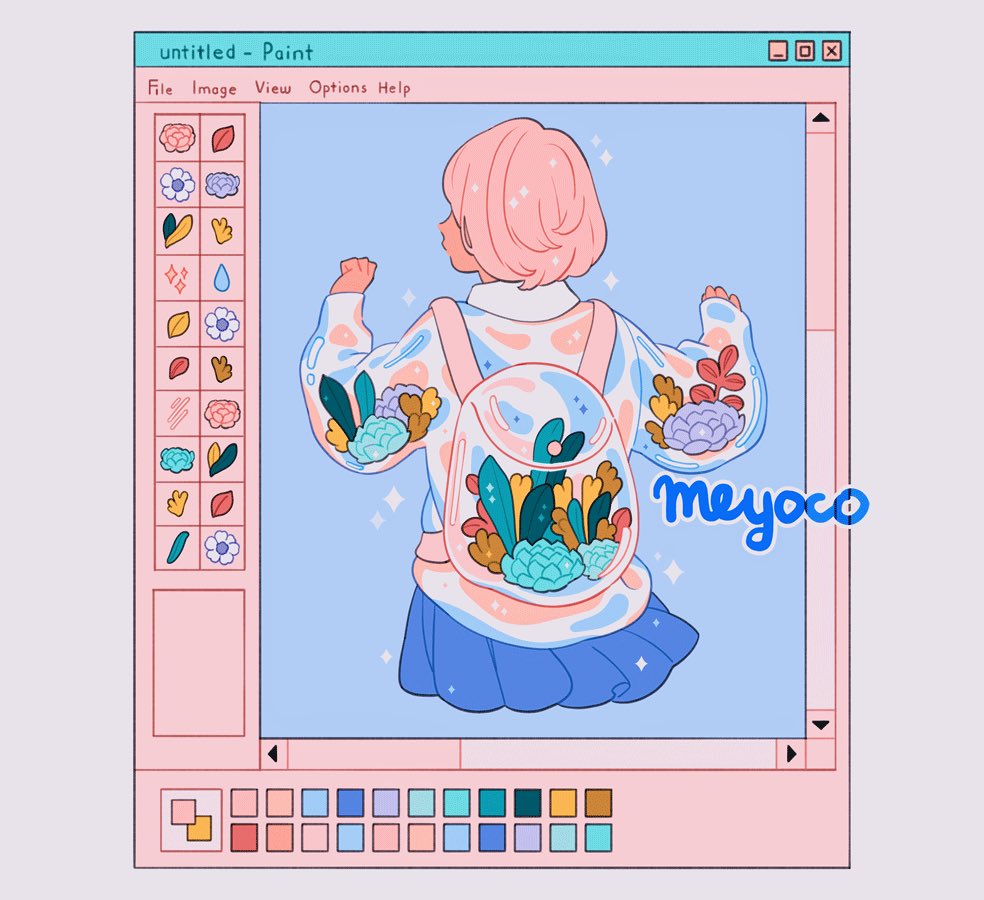 1girl, aesthetics, aqua_flower, artist_name, backpack, bag, blue_skirt, facing_away, flower, from_behind, hands_up, leaf, long_sleeves, meyoco, original, pink_flower, pink_hair, purple_flower, short_sleeves, skirt, solo, transparent, upper_body, white_flower, window_(computing)