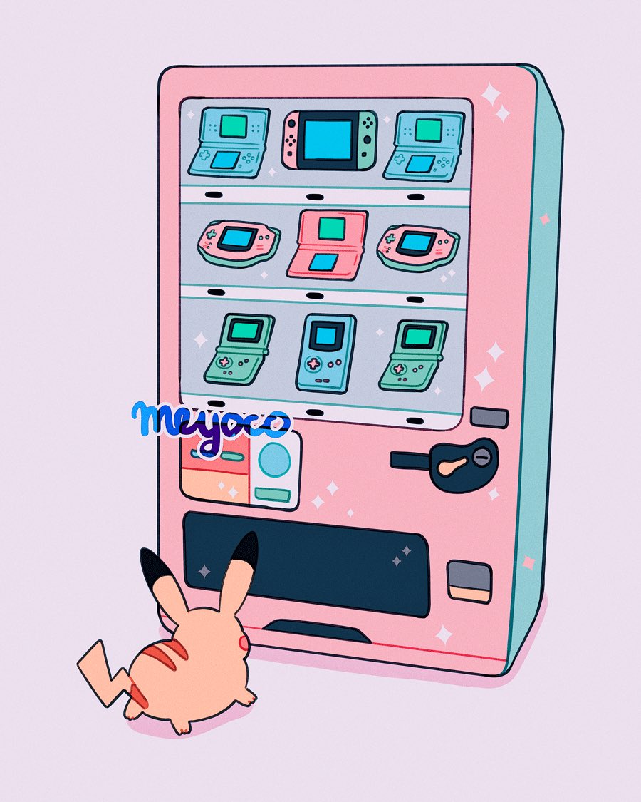 1other, animal, artist_name, back, creatures_(company), game_boy, game_boy_advance, game_boy_advance_sp, game_freak, gen_1_pokemon, handheld_game_console, meyoco, mouse, nintendo, nintendo_ds, nintendo_switch, no_humans, nostalgia, pikachu, pokemon, pokemon_(creature), sparkle, vending_machine