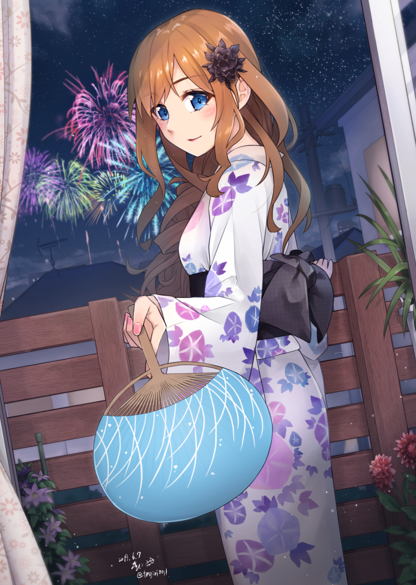 1girl, aerial_fireworks, blue_eyes, blush, brown_hair, curtains, dated, fan
