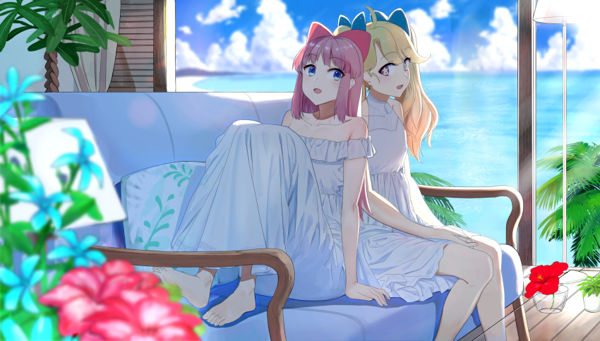 2girls, ahoge, bangs, bare_shoulders, barefoot, blonde_hair, blue_bow, blue_eyes