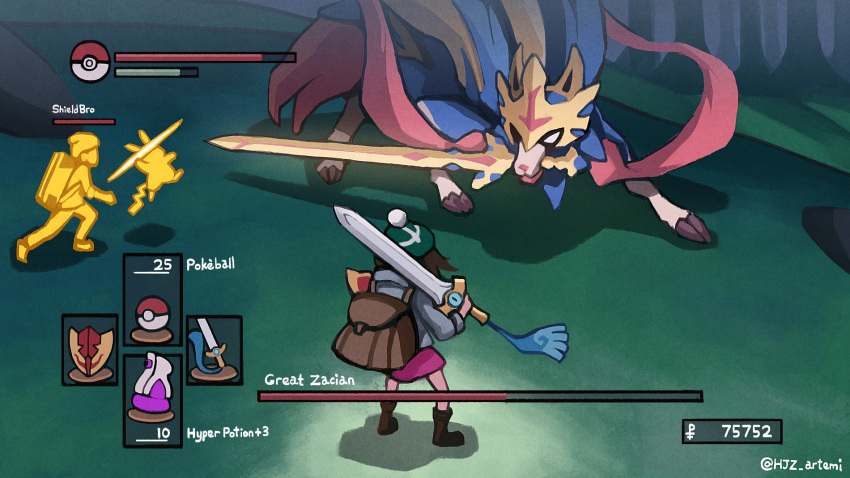 1boy, 1girl, aegislash, artist_name, backpack, bag, battle, boots, brown_footwear, brown_hair, character_name, female_protagonist_(pokemon_swsh), from_behind, gameplay_mechanics, gen_1_pokemon, gen_6_pokemon, gen_8_pokemon, glowing, green_headwear, haimerejzero, hat, health_bar, highres, hyper_potion, legendary_pokemon, male_protagonist_(pokemon_swsh), over_shoulder, parody, pikachu, poke_ball, poke_ball_(generic), pokemon, pokemon_(creature), pokemon_(game), pokemon_swsh, polearm, shadow, shield, souls_(from_software), spear, standing, sword, sword_in_mouth, tam_o'_shanter, tree, twitter_username, weapon, weapon_over_shoulder, zacian