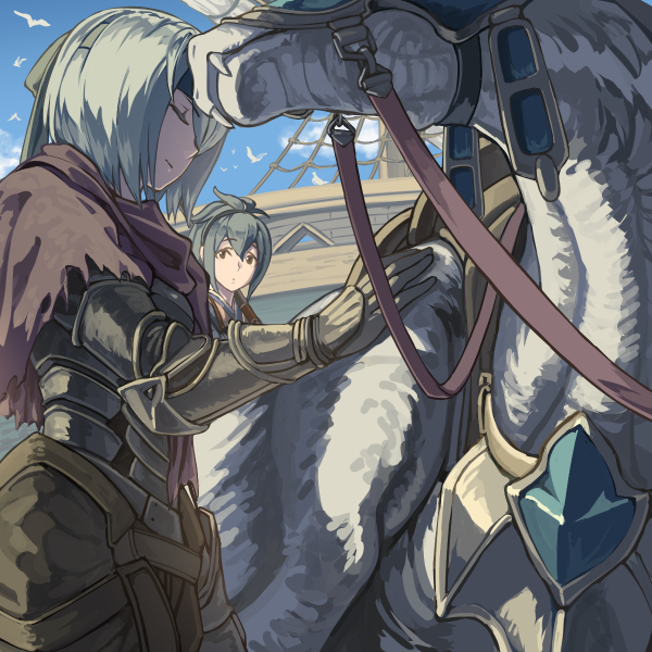 2girls, androgynous, berka_(fire_emblem_if), bird, blue_hair, blue_sky, brown_eyes, closed_eyes