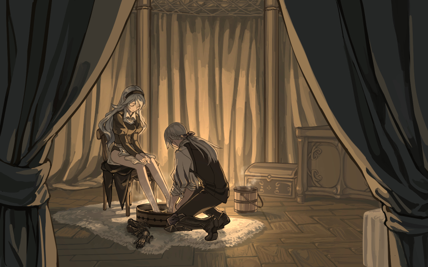 1boy, 1girl, black_hairband, black_leotard, black_pants, closed_eyes, collared_shirt, female_my_unit_(fire_emblem_if), fire_emblem, fire_emblem_if, gauntlets, hairband, indoors, joker_(fire_emblem_if), leotard, long_hair, long_sleeves, mooncanopy, my_unit_(fire_emblem_if), pants, ponytail, shirt, silver_hair, sitting, very_long_hair, washing_feet, white_shirt, wing_collar