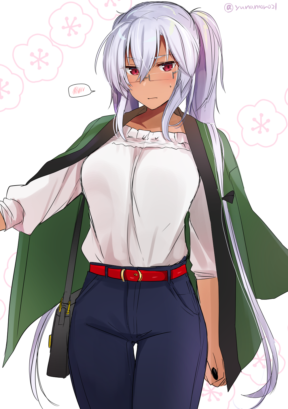 1girl, arm_at_side, bag, belt, black_nails, blue_pants, breasts, closed_mouth