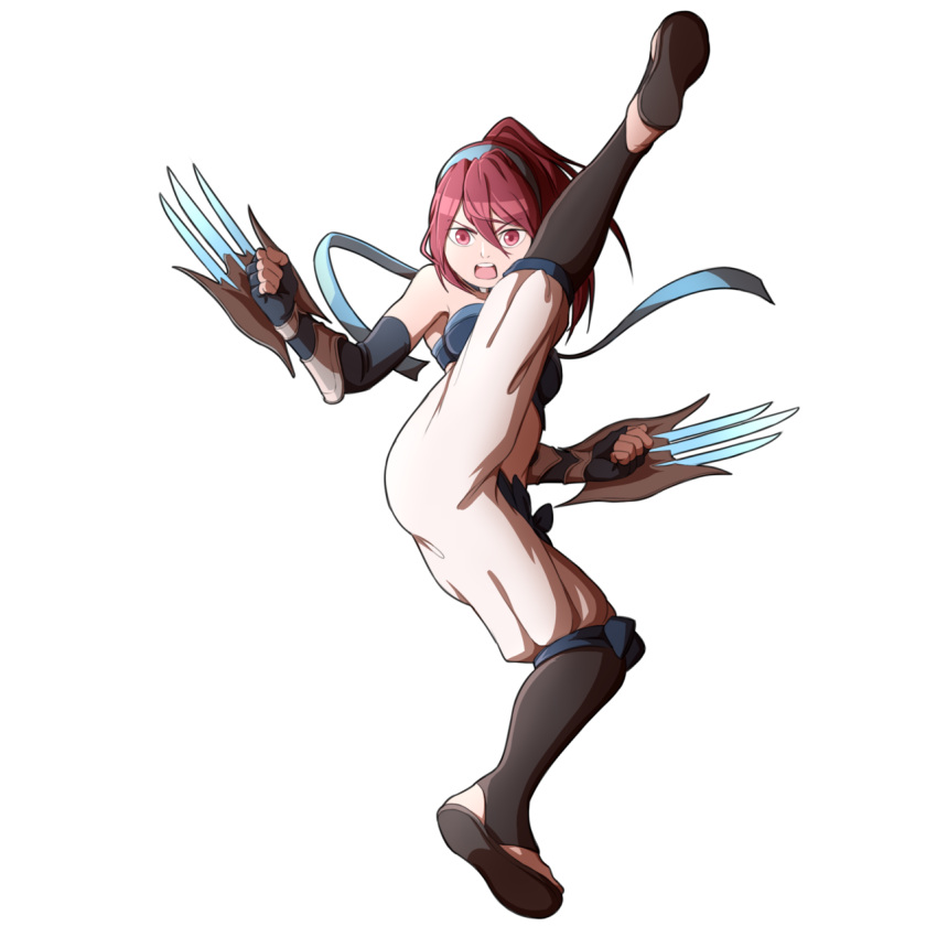 1girl, bare_shoulders, choker, claws, clenched_hands, elbow_gloves, eyebrows_visible_through_hair, final_fantasy, final_fantasy_brave_exvius, fingerless_gloves, flying_kick, full_body, gloves, hair_between_eyes, halter_top, halterneck, headband, high_ponytail, highres, jumping, kicking, leg_up, lila_(ffbe), looking_at_viewer, mefomefo, midair, open_mouth, open_toe_shoes, outstretched_arms, pants, pink_eyes, ponytail, redhead, ribbon, sandals, sash, simple_background, solo, spread_arms, weapon, white_background