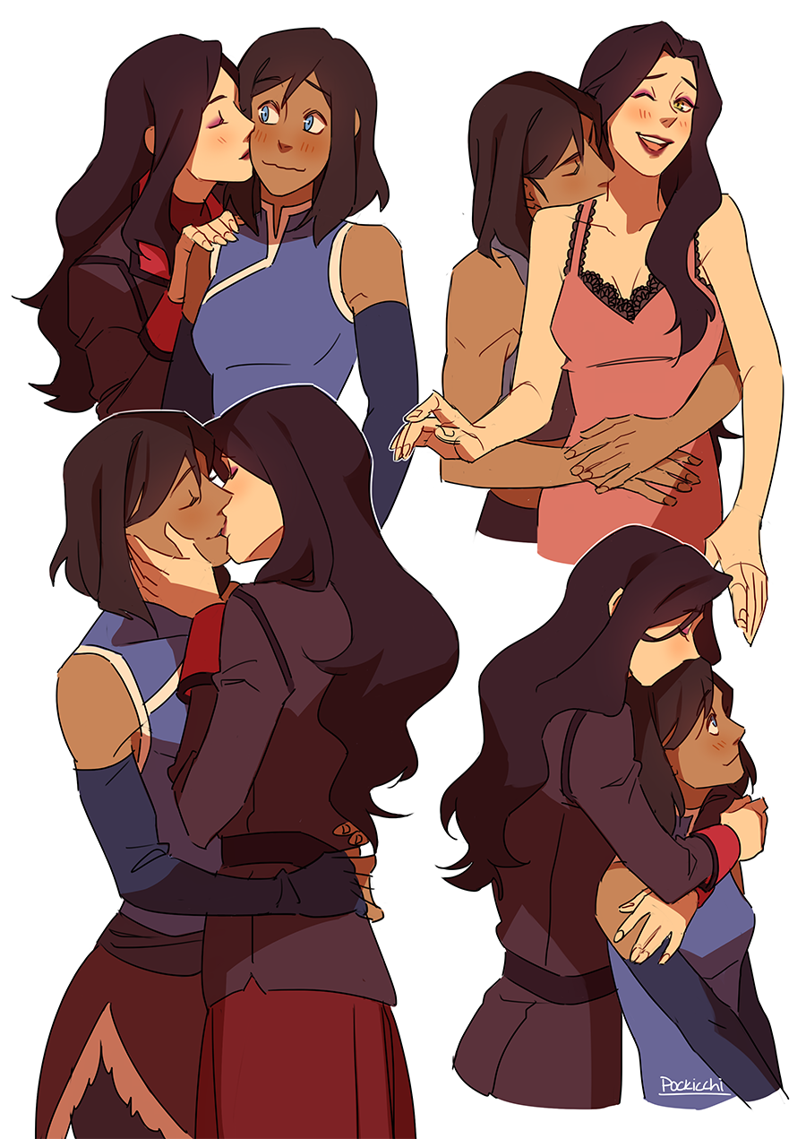 2girls, arms_around_waist, asami_sato, avatar_legends, black_hair, blush, brown_hair, cheek_kiss, closed_eyes, couple, dark_skin, elbow_gloves, eyeshadow, fingerless_gloves, gloves, highres, kiss, korra, long_hair, makeup, multiple_girls, pockicchi, short_hair, simple_background, sleeveless, smile, the_legend_of_korra, upper_body, wavy_mouth, white_background, yuri