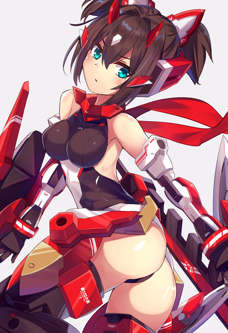 1girl, :o, armor, ass, asura_ninja, bangs, black_footwear, black_gloves