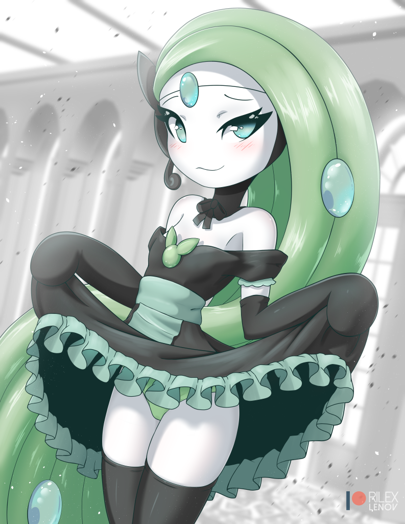 1girl, artist_name, bare_shoulders, black_dress, black_gloves, black_legwear, blue_eyes, blush