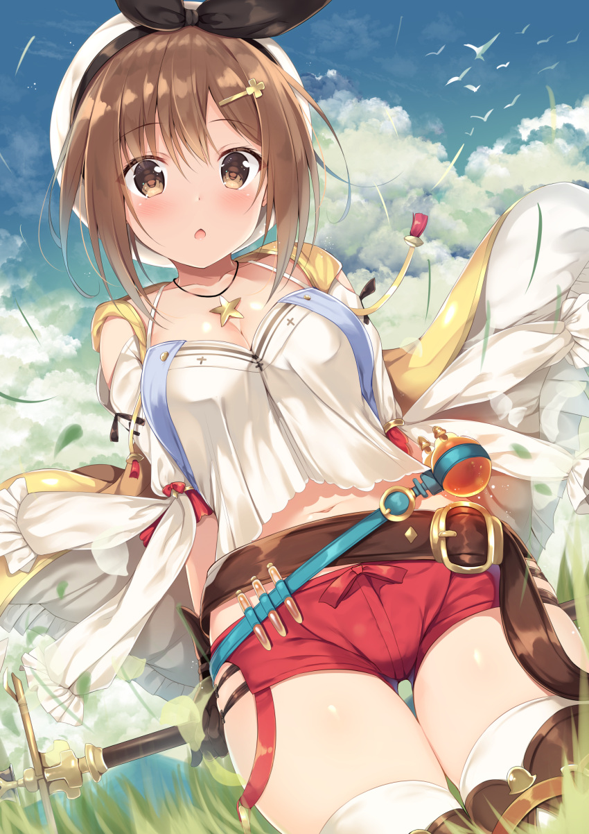 1girl, :o, arms_behind_back, atelier_(series), atelier_ryza, bangs, bare_shoulders, belt