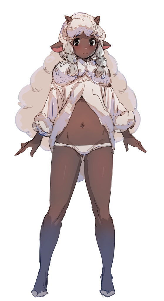 1girl, animal_ears, black_eyes, blush, bow_(bhp), dark_skin, full_body, hooves