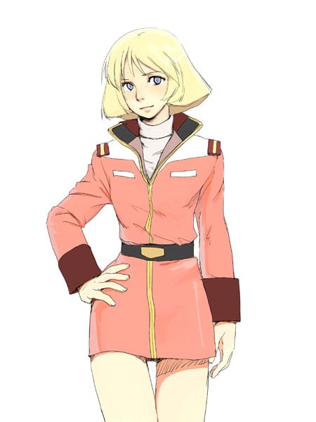 1girl, blonde_hair, blue_eyes, cowboy_shot, gundam, hand_on_hip, hirodo, military, military_uniform, mobile_suit_gundam, sayla_mass, short_hair, smile, solo, traditional_media, turtleneck, uniform