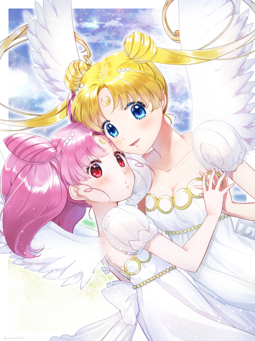 2girls, artist_name, bishoujo_senshi_sailor_moon, blonde_hair, blue_eyes, chibi_usa, crescent_moon, double_bun