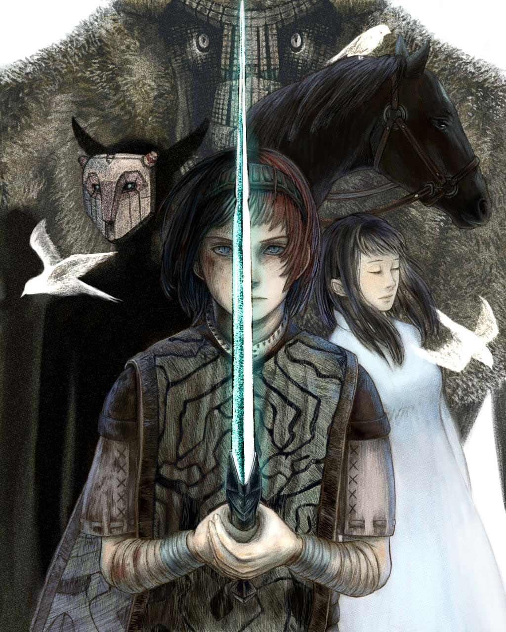 1boy, 1girl, agro, bird, black_hair, blue_eyes, breasts, closed_mouth, colossus, commentary_request, dormin, dress, highres, horse, long_hair, looking_at_viewer, maekakekamen, mono, poncho, redhead, shadow_of_the_colossus, surcoat, sword, wander, weapon