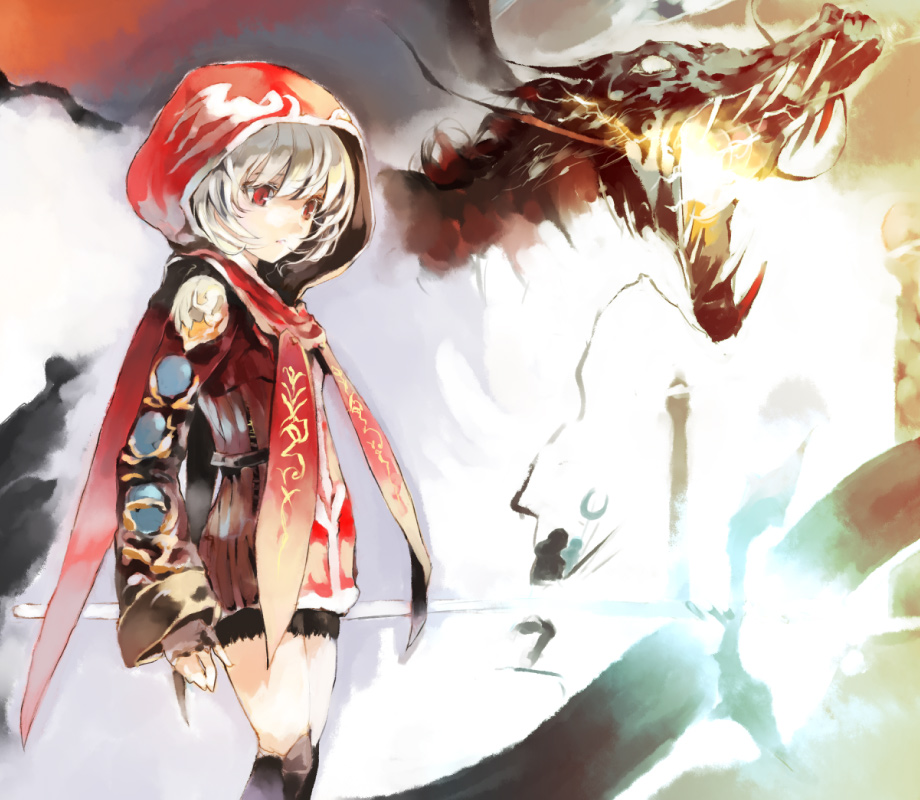 dragon, fantasy_earth_zero, hood, hoodie, psycho_steak, red_eyes, short_hair, shunsei_(muratou), white_hair