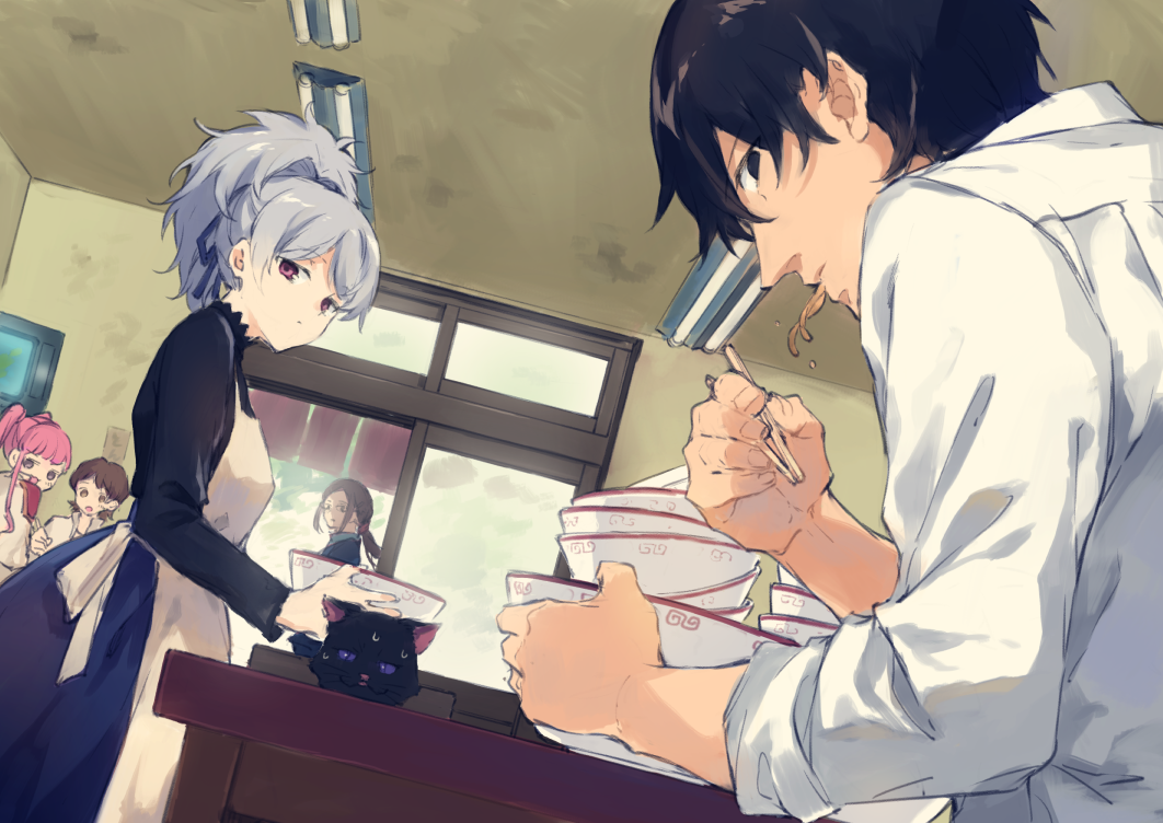 1boy, 4girls, apron, aquariumtama, bangs, black_eyes, black_hair, bowl
