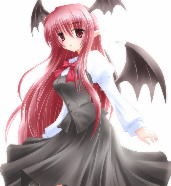 blush, bow, devil, elf, head_wings, headwings, koakuma, pink_hair, pointy_ears, shirotsuki_kouta, skirt, touhou, wings