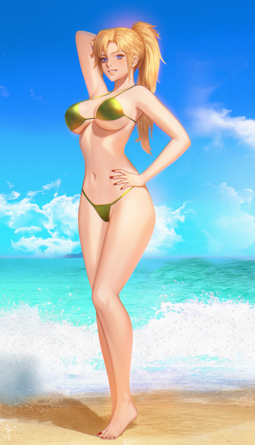 1girl, absurdres, arm_behind_head, bangs, beach, bikini, blue_eyes, breasts