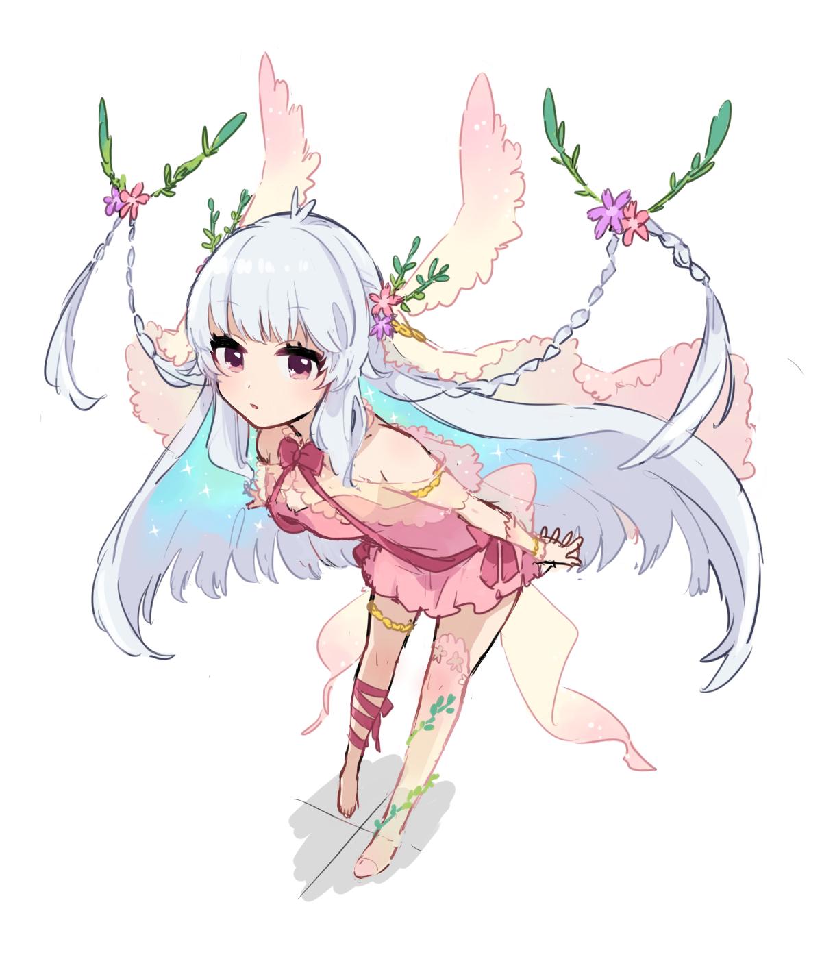 1girl, bangs, bare_shoulders, barefoot, bow, braid, breasts, commentary_request