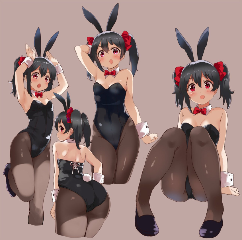 1girl, animal_ears, ass, black_hair, black_legwear, black_leotard, bow, bowtie