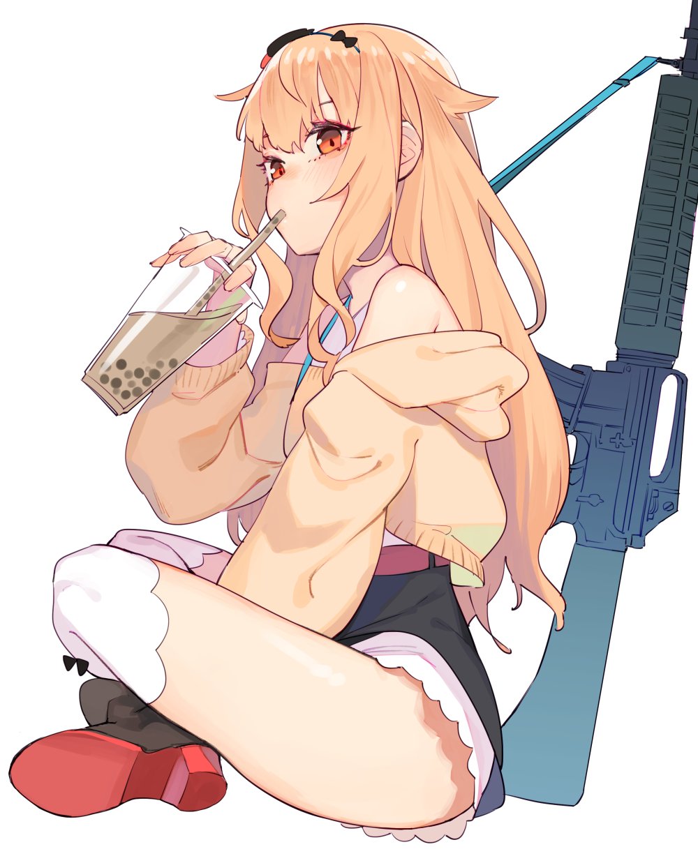 1girl, assault_rifle, bangs, black_shorts, blush, cat_hair_ornament, commentary_request, drinking, drinking_straw, girls_frontline, gun, hair_between_eyes, hair_ornament, headband, highres, holding, hood, hood_down, juz, light_brown_hair, long_hair, looking_at_viewer, orange_eyes, rifle, shirt, short_shorts, shorts, sidelocks, simple_background, sitting, solo, sweater, t65_(girls_frontline), t65_assault_rifle, weapon, white_background, white_legwear, white_shirt
