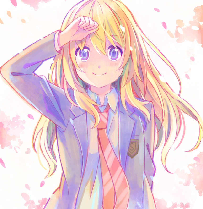 1girl, arm_up, blazer, blonde_hair, blue_eyes, blush, collared_shirt, floating_hair