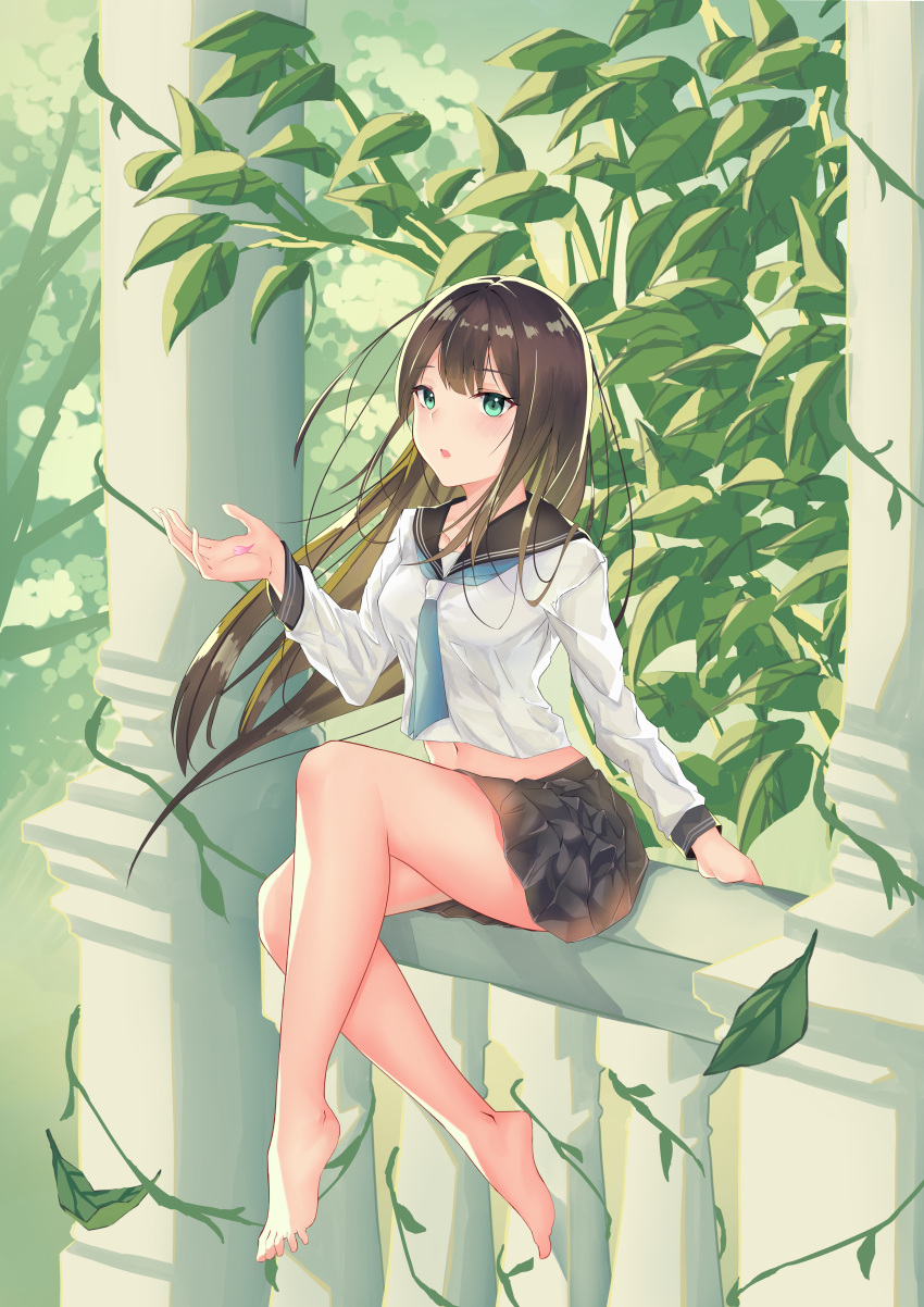 1girl, absurdres, bangs, barefoot, black_sailor_collar, black_skirt, blue_neckwear, brown_hair
